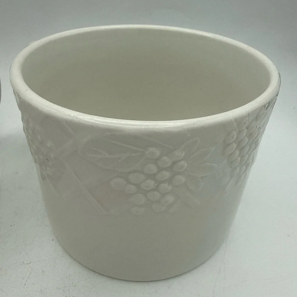 Pair Of Pier 1 Coffee Mugs White raised Fruit grape pears strawberries design
